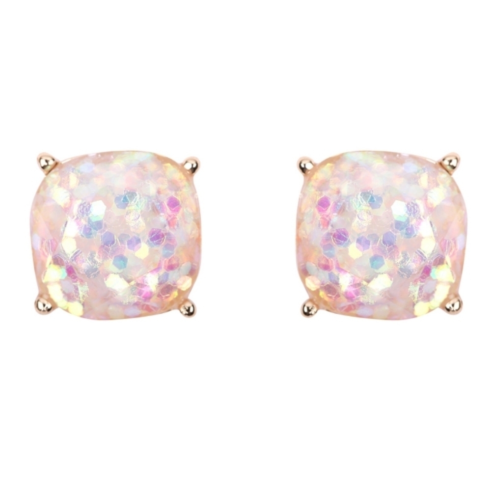 Riah Fashion Iridescent Glitter Stud Earrings Gold Square - Picture 4 of 10